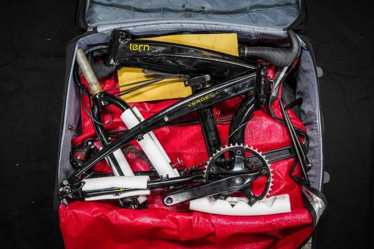 Tern Verge S27h folding touring bicycle in a suitcase