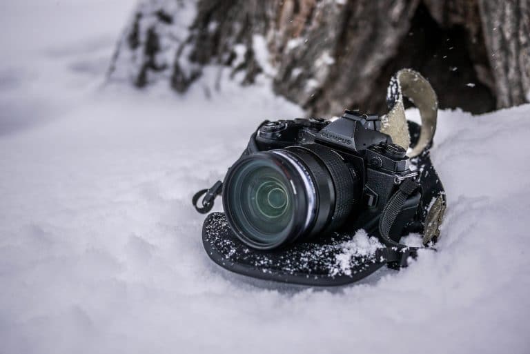 OM-D E-M1 camera in the snow