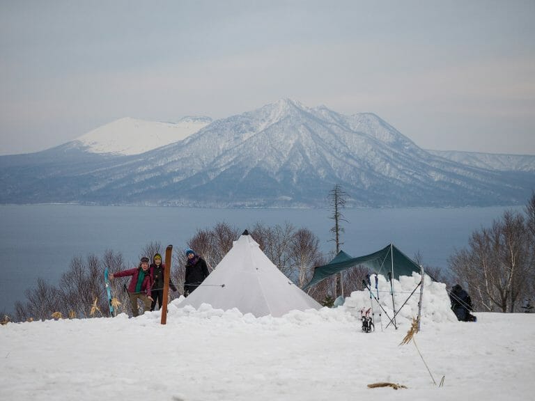 Ichankoppe ski touring and winter camping near Lake Shikotsu, Hokkaido, Japan