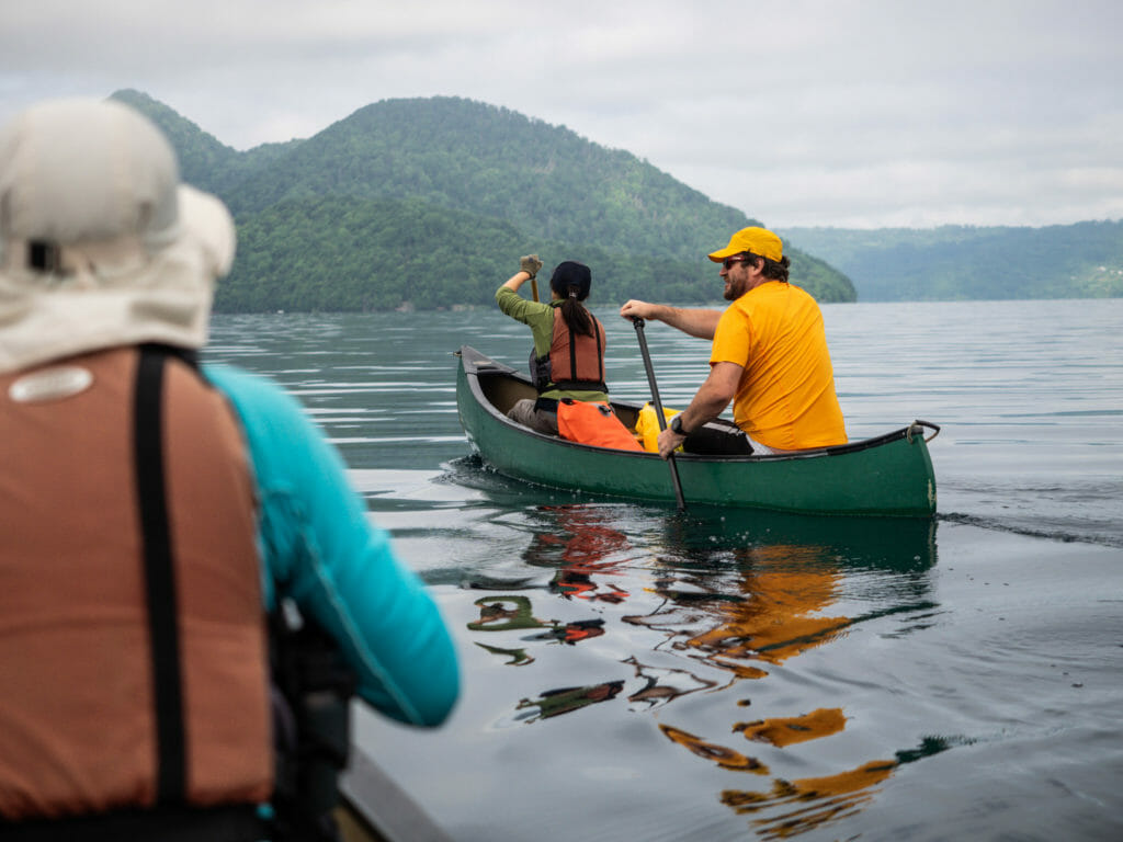 Canoeing around the Center Island of Lake Toya in Hokkaido, Japa