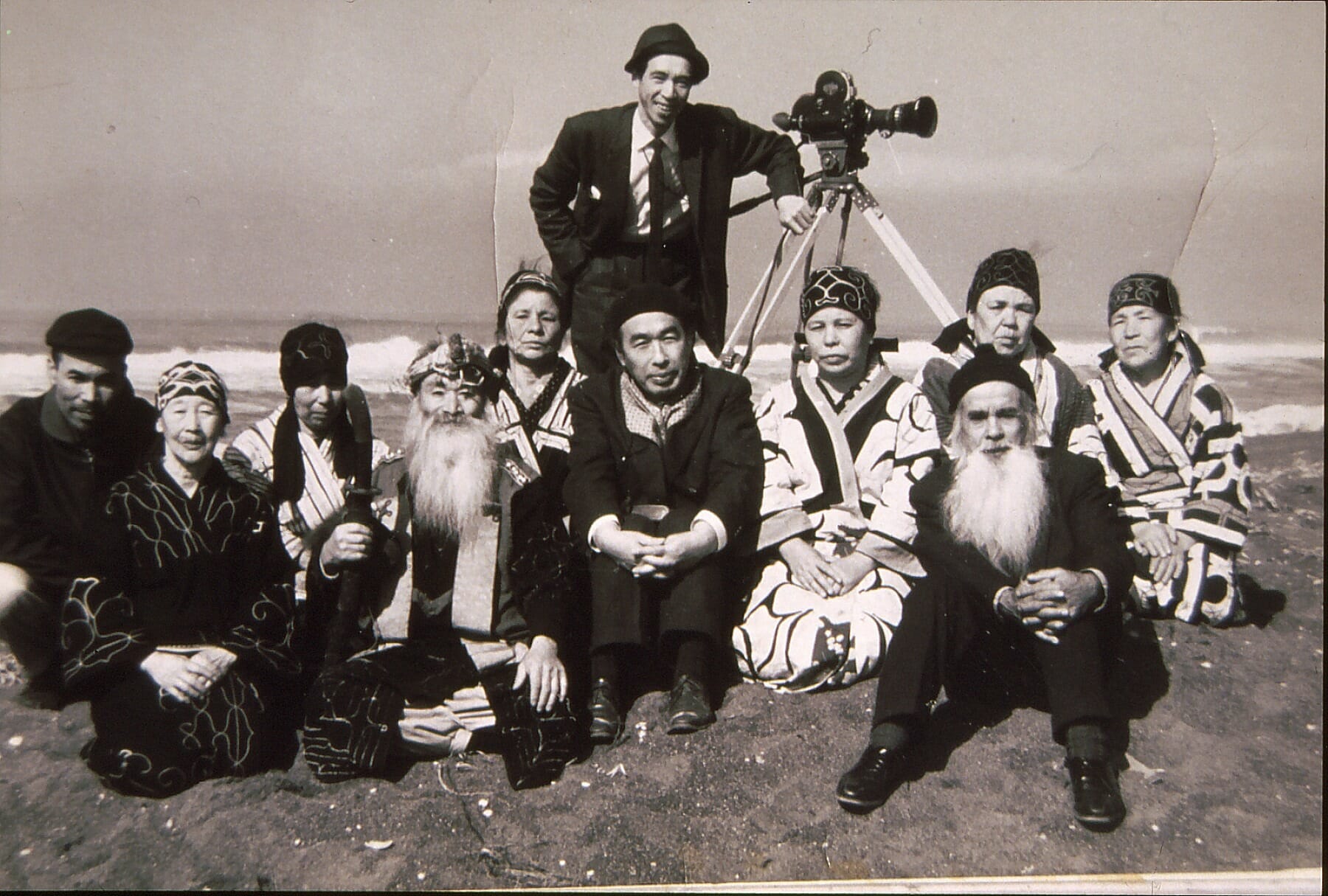 Ainu with a Japanese researcher (Sarashina Genzo) and film crew, 1960s.