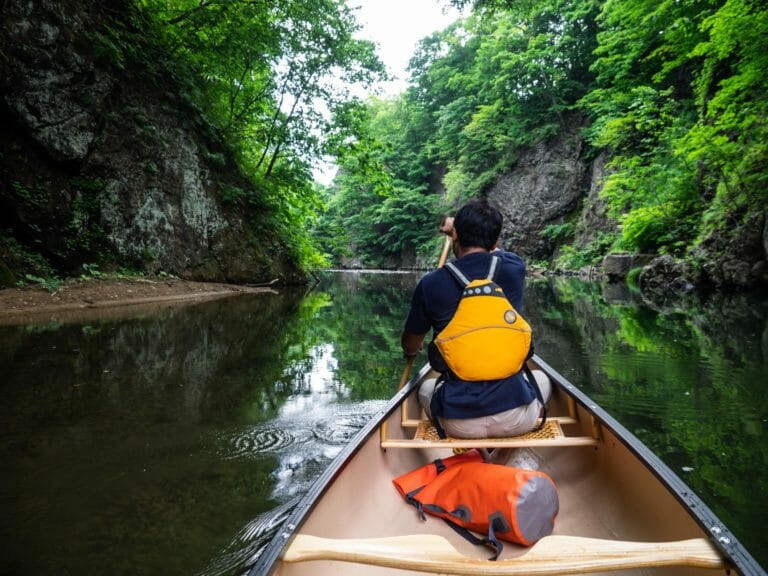 Canoeing on Toyohira River (Jozankei, Hokkaido, Japan)